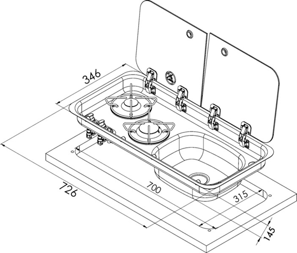 Carbest  Komfur-vask kombination, 726x346x140mm, 30mbar, piezo-tænding, vask 